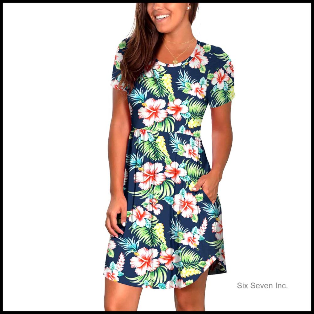 Short Sleeve Summer Sundress With Pockets Loose Fit Casual Swing Dress